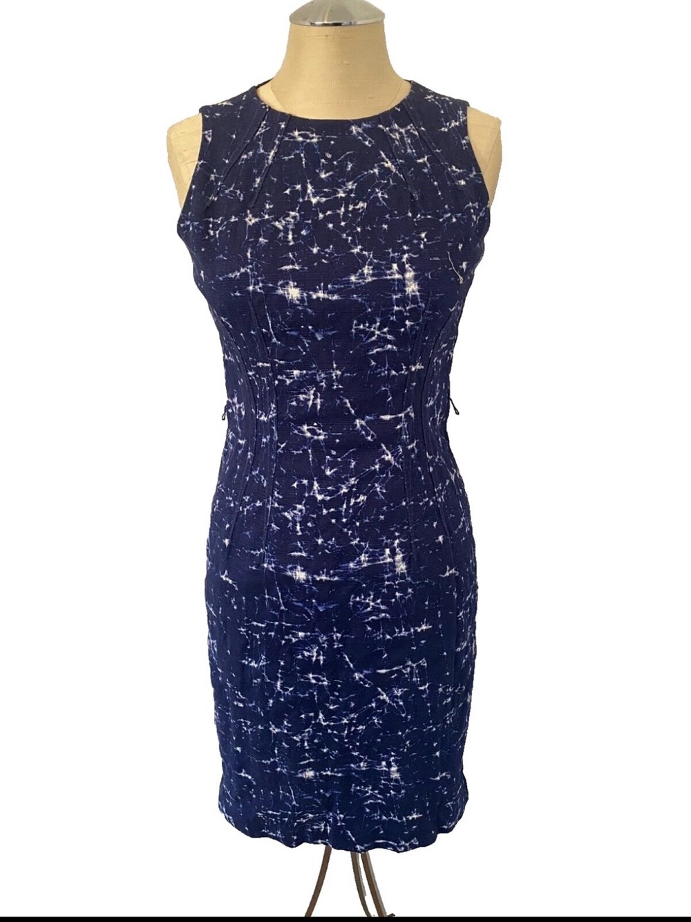 MICHAEL Michael Kors Navy and White Tie-Dye Midi Sheath Dress